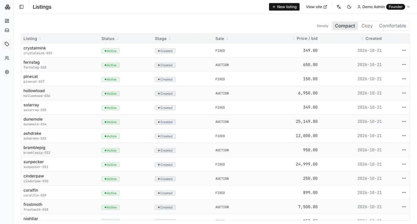 Card Ops Console listings table with status, stage, sale type and price