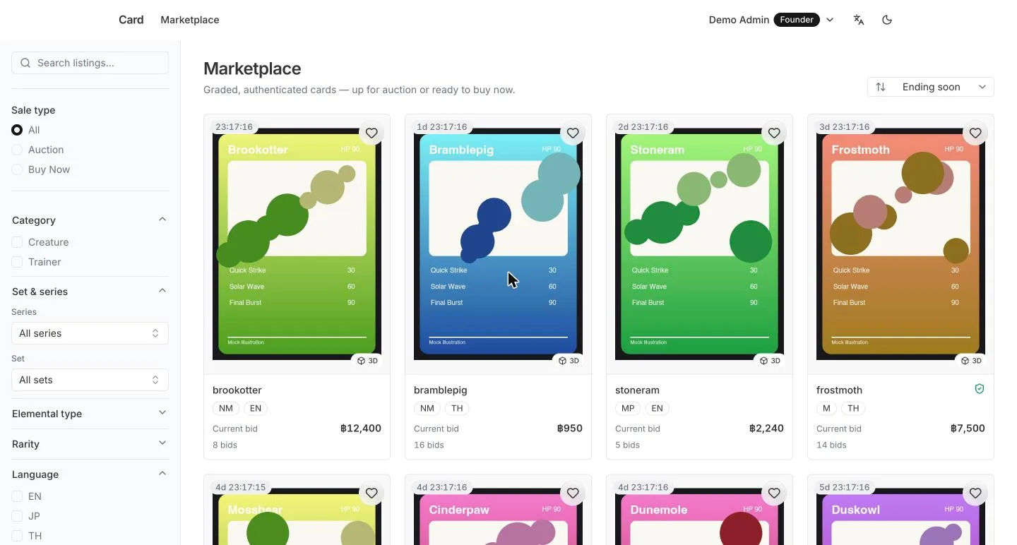 Card marketplace grid of graded cards with auction timers, 3D badges and filters