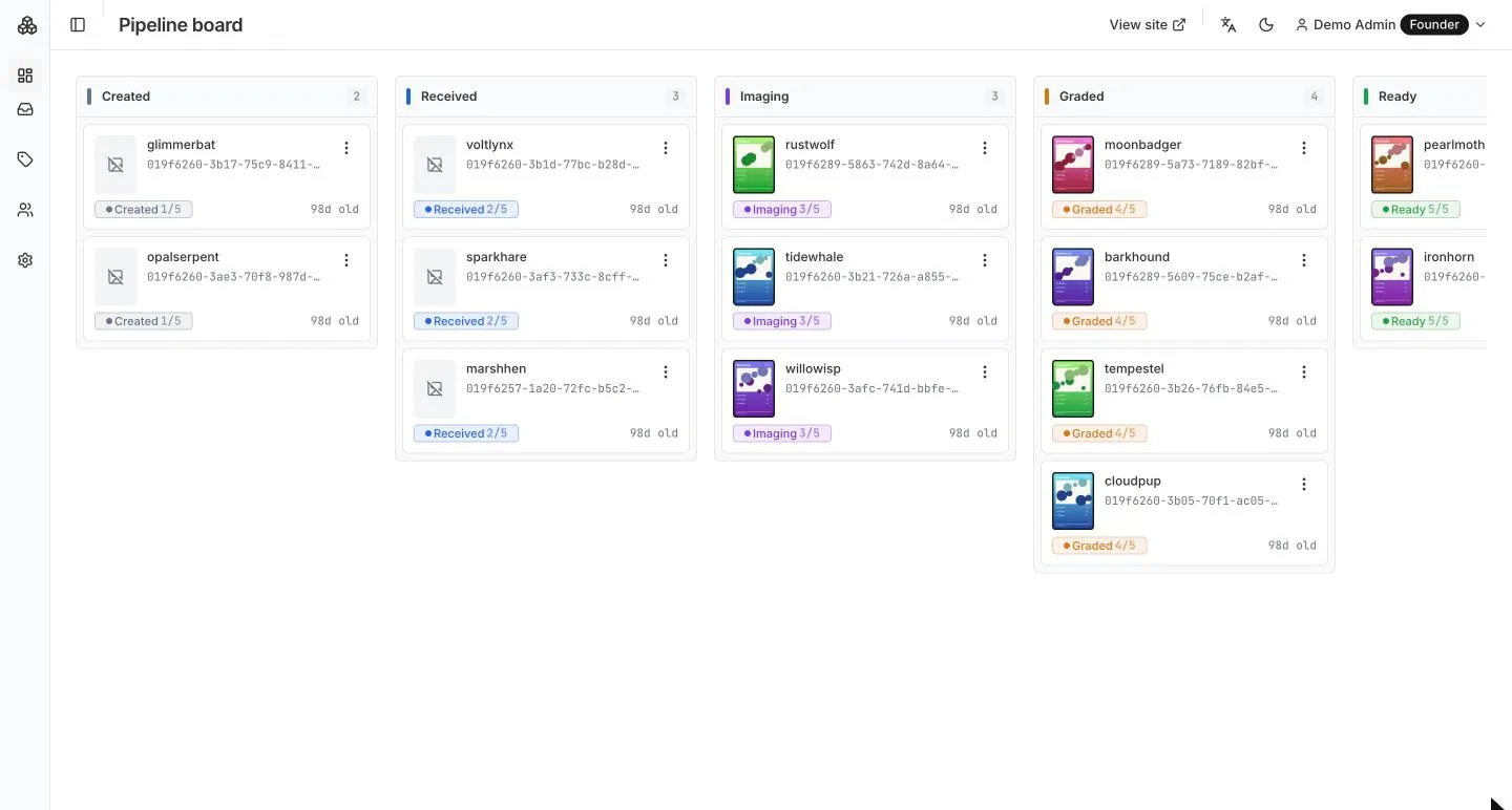 Card Ops Console pipeline board moving listings from created to graded