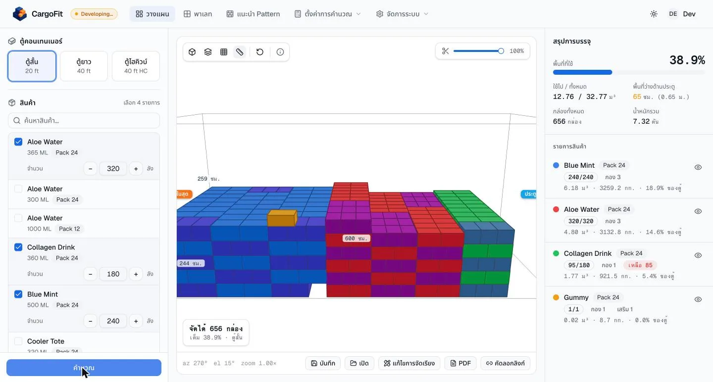 CargoFit planning view: a 3D container load with a packing summary and per-product counts