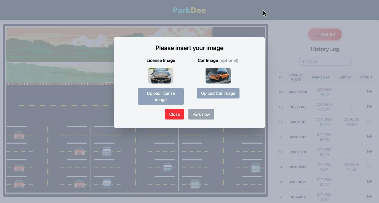 ParkDee check-in dialog for license plate and car images