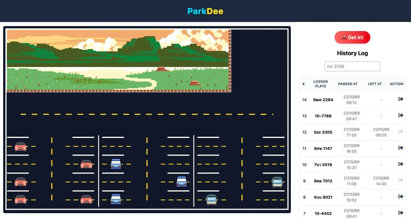 ParkDee parking lot view with parked cars and the history log