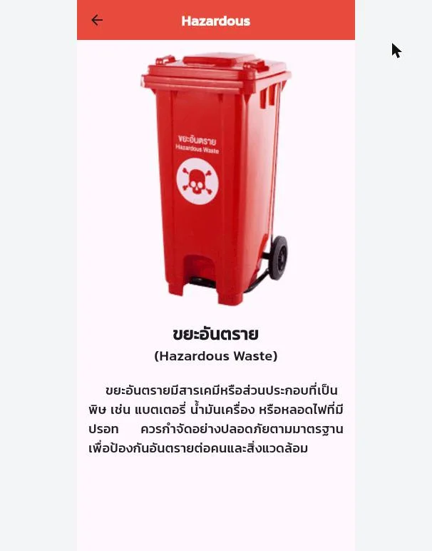 Hazardous waste guide with bin illustration and disposal advice