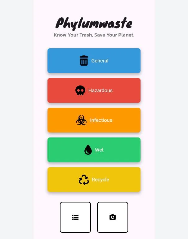 PhylumWaste home screen with five waste categories