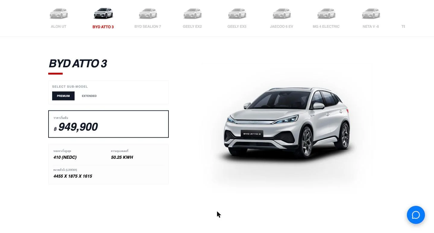 TitanCare EV car catalogue showing BYD ATTO 3 specs and price